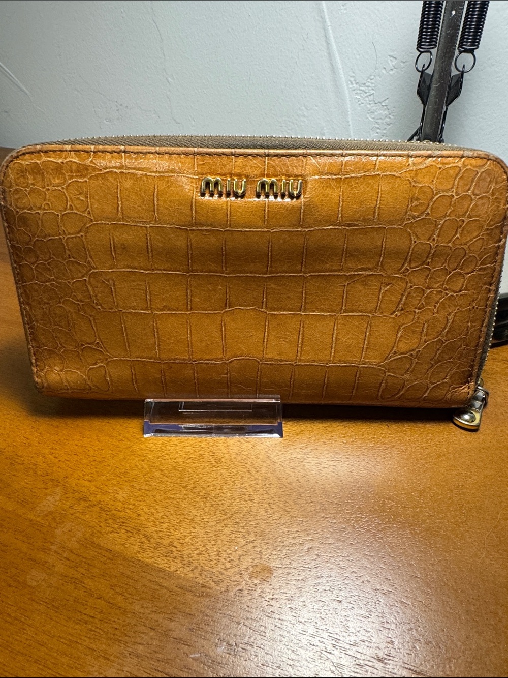 Miu Miu Cognac Croc-Embossed Zip Long Wallet with Gold Logo - Picture 1 of 11